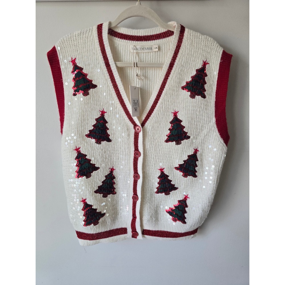 Grace & Emma Womens Christmas Tree Sequin Sweater Vest Cream Red L/XL NEW